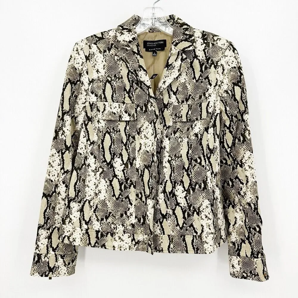 Jones New York Jacket Size 6 Womens Snakeskin‎ Front Zip Stretch Long Sleeve